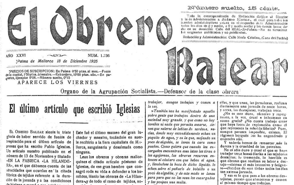 Pablo Iglesias i Mallorca: el dol socialista de 1925 a través de Bisbal i Jaume